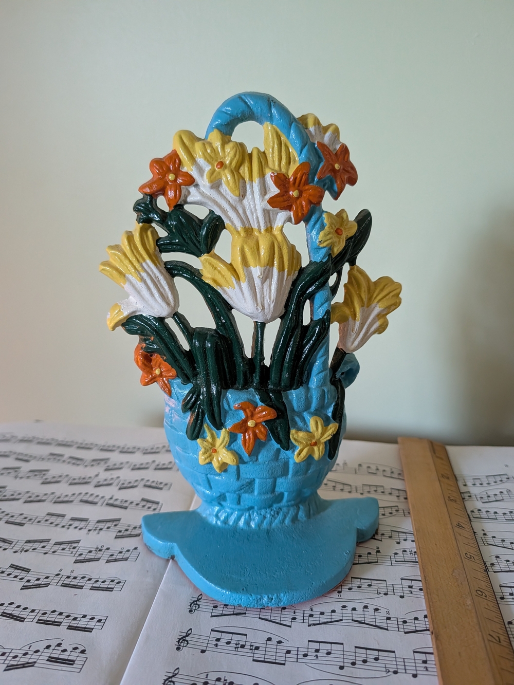 Vintage Hand-Painted Blue Floral Basket Door Stop Yellow & Orange Flowers